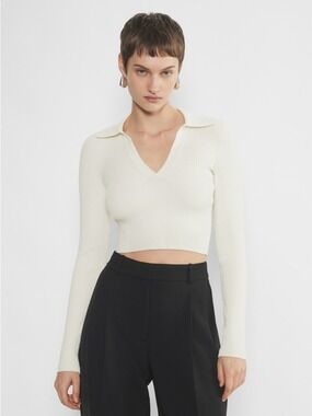 Divided Cropped Ribbed Polo Sweater in Cream